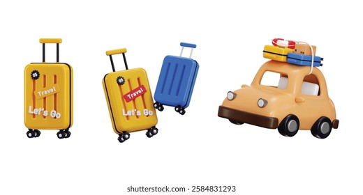 Car with suitcase icon 3d render concept of Family travel, tour Holiday Vacation icon vector illustration