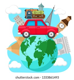 Car with suitcases on the roof travels around the planet earth, on a white.