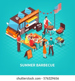 Car With Summer Barbecue Chef Near Grill And People At Table On Turquoise Background Isometric Vector Illustration
