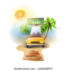 Car summer sale offers: Yellow car on beach with palm trees and bright sun. Offers. vector image