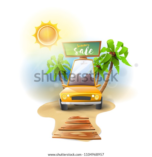 Car summer sale offers: Yellow\
car on beach with palm trees and bright sun. Offers. vector\
image
