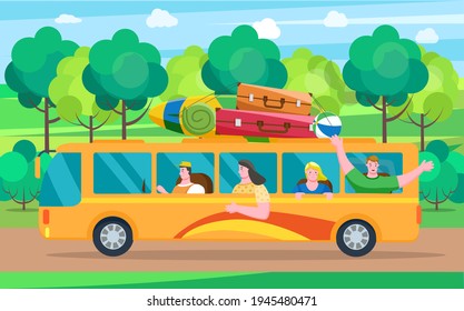 Car summer trip vector illustration. Happy people on holidays. Traveler bus on background of road