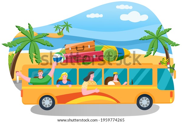 Car summer trip vector illustration. Happy people on\
holidays. Traveler bus on background of coastline. Tourism around\
world concept. Friends come by truck to summer resort. Characters\
going on tour