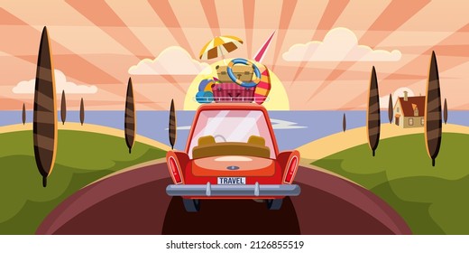 Car summer vacation trip to the sea. Red car with luggage bags, surfboard on the road. Vector illustration retro cartoon
