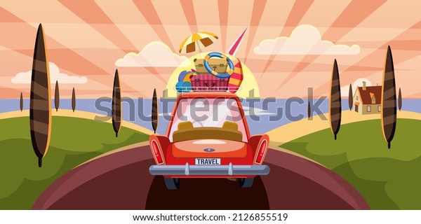 Car summer vacation trip to the sea. Red car with\
luggage bags, surfboard on the road. Vector illustration retro\
cartoon
