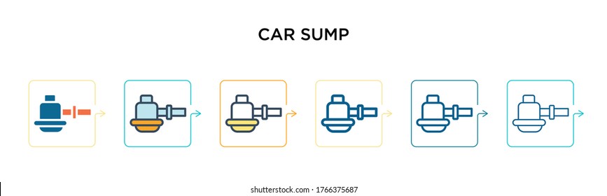 Car sump vector icon in 6 different modern styles. Black, two colored car sump icons designed in filled, outline, line and stroke style. Vector illustration can be used for web, mobile, ui