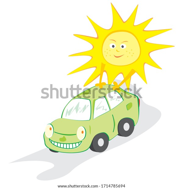 Car and sun, funny vector illustration.\
Ecological vehicle on solar\
energy.