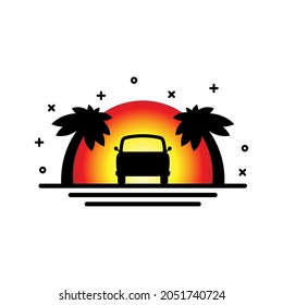 Car, sun and palms icon. Colored black silhouette. Front view. Vector simple flat graphic illustration. The isolated object on a white background. Isolate.