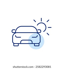 Car and sun. Solar energy for charging electric vehicles. Eco-friendly transportation. Pixel perfect, editable stroke icon