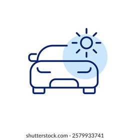 Car and sun. Solar energy powered vehicles. Alternative sources. Renewable energy, electricity power. Sustainable eco-friendly living. Pixel perfect, editable stroke icon