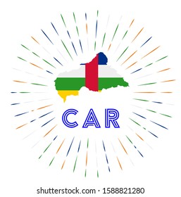 CAR sunburst badge. The country sign with map of CAR with Central African flag. Colorful rays around the logo. Vector illustration.