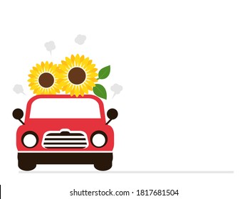 Car and sunflower on white background vector. Front view.