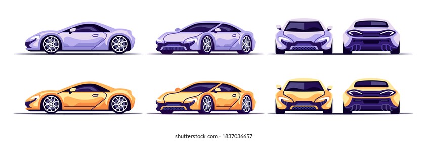 Car supercar set isolated on white background. Vehicle front, side, back, above view. Flat style eps10 illustration. Simple modern design. Icons collection.