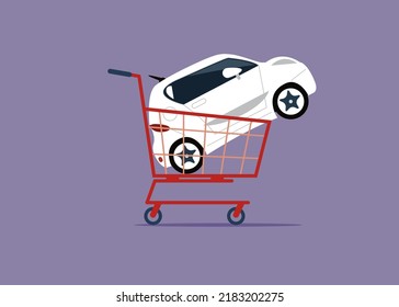 Car in a supermarket trolley, an automobile dealer concept.