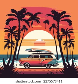 Car with surf boards on the ocean, palm tree and sunset