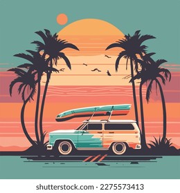 Car with surf boards on the ocean, palm tree and sunset