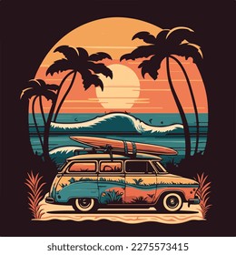 Car with surf boards on the ocean, palm tree and sunset