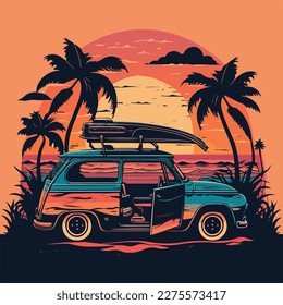 Car with surf boards on the ocean, palm tree and sunset