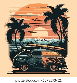 Car with surf boards on the ocean, palm tree and sunset