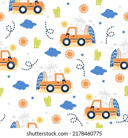 Car with surfboard cartoon trendy pattern background concepts