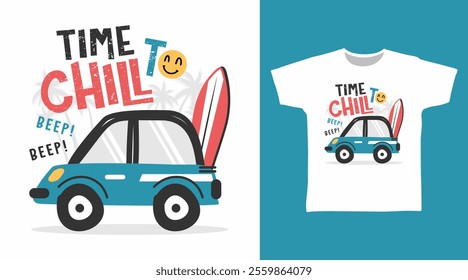 Car with surfboard hand drawn vector t-shirt design
