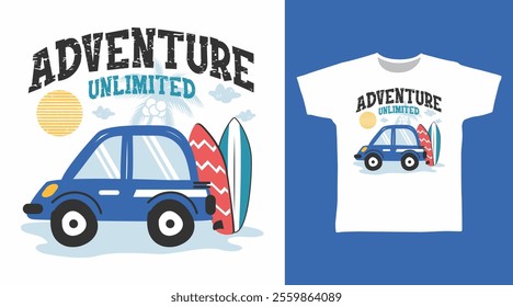 Car with surfboard hand drawn vector t-shirt designs
