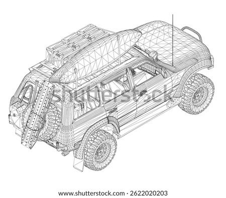 A car with a surfboard on top of it. Isometric view. 3D
