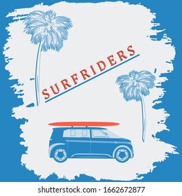 Car with a surfboard, palm tree - abstract island in grunge style - blue background - vector. Journey. Tourist trip. Holidays at sea. Surfer rides.