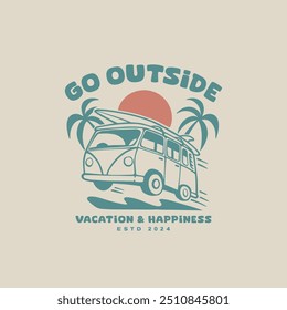 Car with surfboard. Vintage surf design template for surf club, surf shop, surf merch.