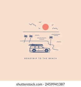 Coche con tablas de surf en la playa con un logotipo de la línea de fondo del atardecer, cartel, Ilustración vectorial de diseño de la camiseta