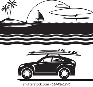 Car with surfboards on the beach - vector illustration