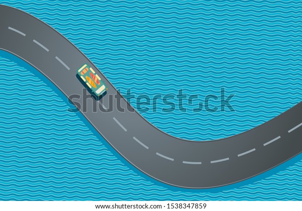 Car with surfboards. Summer\
vacation trip. Ocean road top view. Vector cartoon\
illustration.