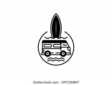 Car with surfing board line art badge design