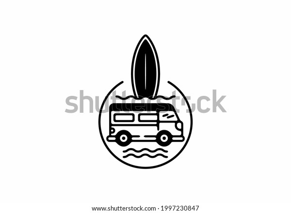 Car with surfing\
board line art badge\
design