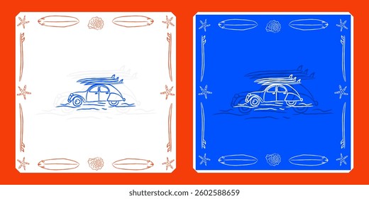 Car with surfing board on roof sketch vector illustration