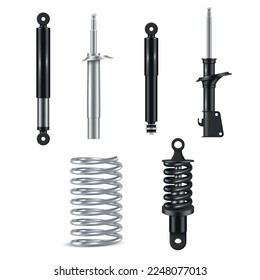 Car suspension parts mechanical automobile repair service set realistic vector illustration. Auto bolt spring absorber piston screw stabilizer protector details kit. Automotive drive tuning element