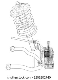 Car suspension with shock absorber. Vector rendering of 3d. Wire-frame style. The layers of visible and invisible lines are separated