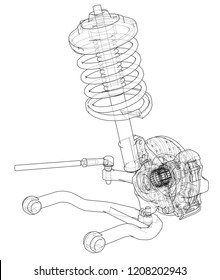 Car suspension with shock absorber. Vector rendering of 3d. Wire-frame style. The layers of visible and invisible lines are separated