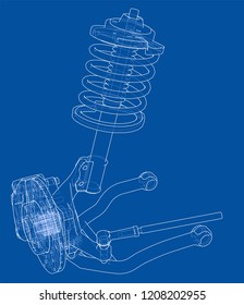 Car suspension with shock absorber. Vector rendering of 3d. Wire-frame style. The layers of visible and invisible lines are separated