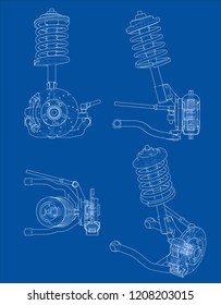 Car suspension with shock absorber. Vector rendering of 3d. Wire-frame style. The layers of visible and invisible lines are separated
