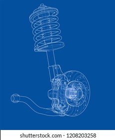 Car suspension with shock absorber. Vector rendering of 3d. Wire-frame style. The layers of visible and invisible lines are separated