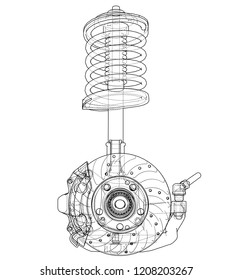 Car suspension with shock absorber. Vector rendering of 3d. Wire-frame style. The layers of visible and invisible lines are separated