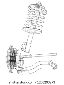 Car suspension with shock absorber. Vector rendering of 3d. Wire-frame style. The layers of visible and invisible lines are separated