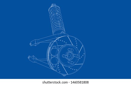 Car suspension with shock absorber. Vector rendering of 3d. Wire-frame style. The layers of visible and invisible lines are separated