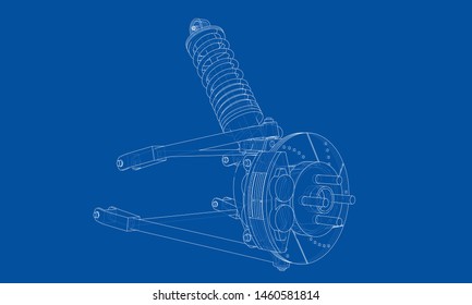 Car suspension with shock absorber. Vector rendering of 3d. Wire-frame style. The layers of visible and invisible lines are separated
