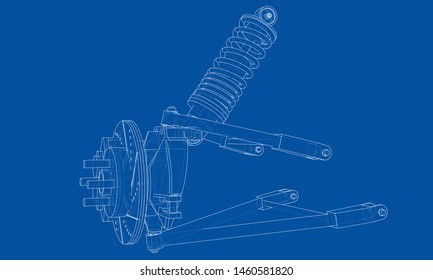 Car suspension with shock absorber. Vector rendering of 3d. Wire-frame style. The layers of visible and invisible lines are separated