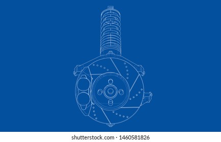 Car suspension with shock absorber. Vector rendering of 3d. Wire-frame style. The layers of visible and invisible lines are separated