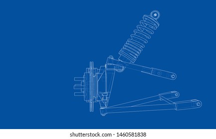 Car suspension with shock absorber. Vector rendering of 3d. Wire-frame style. The layers of visible and invisible lines are separated