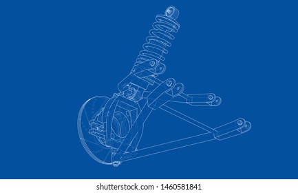 Car suspension with shock absorber. Vector rendering of 3d. Wire-frame style. The layers of visible and invisible lines are separated