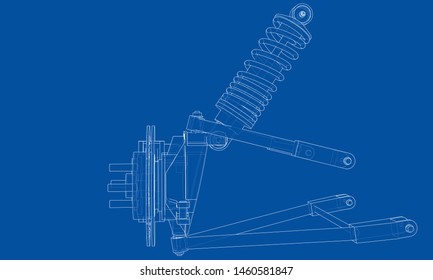 Car suspension with shock absorber. Vector rendering of 3d. Wire-frame style. The layers of visible and invisible lines are separated